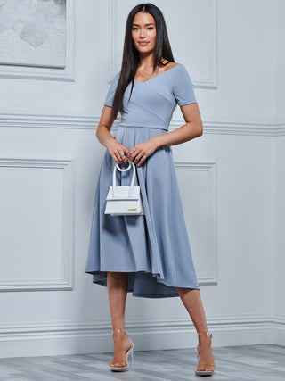 Off The Shoulder Dip Hem Dress, Steel Blue Jolie Moi Retail Off The Shoulder Dip Hem Dress, Steel Blue Jolie Moi Retail