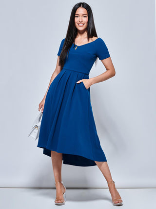 Off The Shoulder Dip Hem Dress, Teal Jolie Moi Retail Off The Shoulder Dip Hem Dress, Teal Jolie Moi Retail