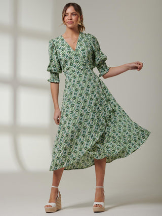 Ellie Crepe Wrap Puff Sleeve Midi Dress, Green Geo