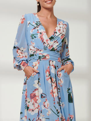 Jolie Moi Jasmine Long Sleeve Mesh Dress, Blue Floral