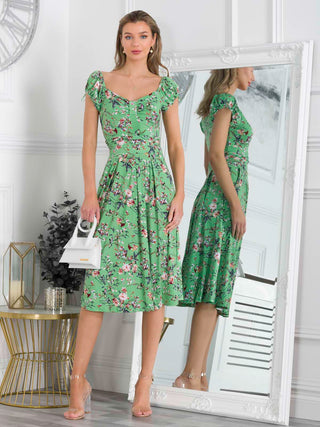 Regenia Sweetheart Neck Jersey Dress, Green Floral