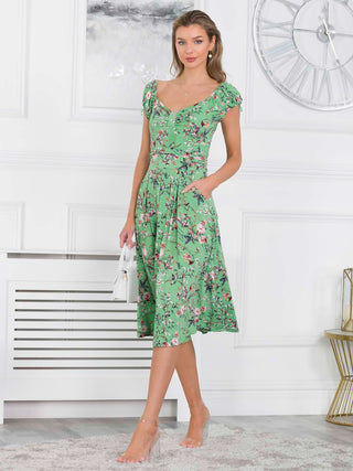 Regenia Sweetheart Neck Jersey Dress, Green Floral