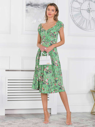 Regenia Sweetheart Neck Jersey Dress, Green Floral