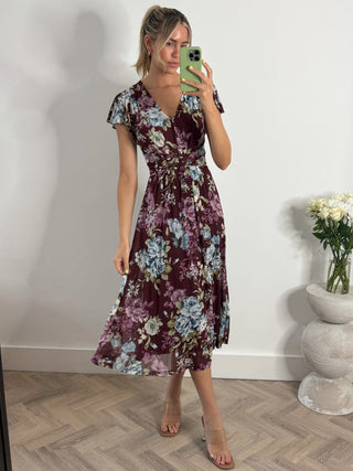 Angel Sleeve V-Neck Midi Dress, Dark Red