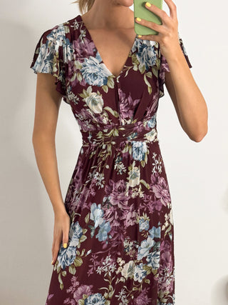 Angel Sleeve V-Neck Midi Dress, Dark Red