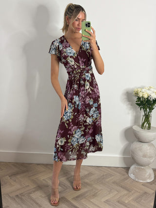 Angel Sleeve V-Neck Midi Dress, Dark Red