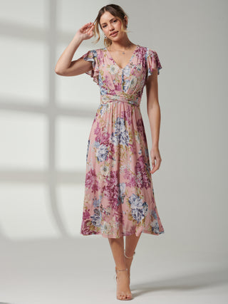 Scarlett Cap Sleeve Mesh Midi Dress, Floral Multi