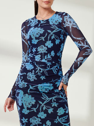 Long Sleeve Mesh Bodycon Maxi Dress, Navy Floral