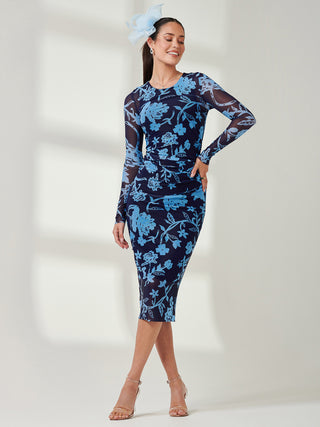 Long Sleeve Mesh Bodycon Maxi Dress, Navy Floral