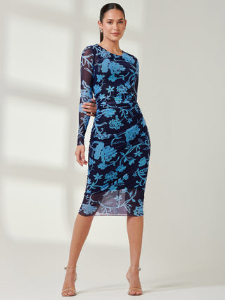 Long Sleeve Mesh Bodycon Maxi Dress, Navy Floral