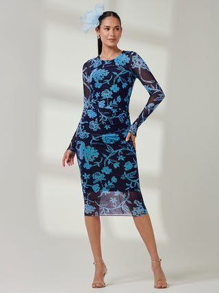 Ruched Sheath Maxi Mesh Dress, Navy Floral
