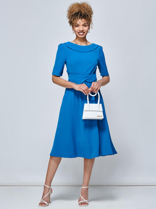 Darlene Twist Waist Swing Dress, Teal, Plain, Rounded Collar, Elbow Length Sleeve Front Image