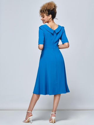 Darlene Twist Waist Swing Dress, Teal, Plain, Rounded Collar, Elbow Length Sleeve, Backzip Fastening, Back Side