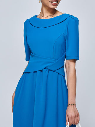 Darlene Twist Waist Swing Dress, Teal, Plain, Rounded Collar, Elbow Length Sleeve, Close Up Image