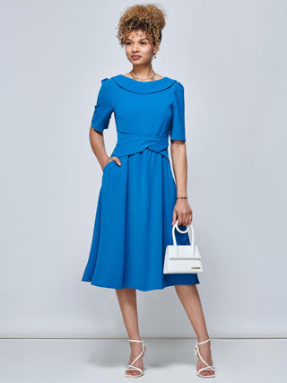 Darlene Twist Waist Swing Dress, Teal, Plain, Rounded Collar, Elbow Length Sleeve, Backzip Fastening, Two funtional Pockets, Front Side