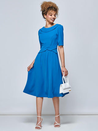 Darlene Twist Waist Swing Dress, Teal, Plain, Front Image