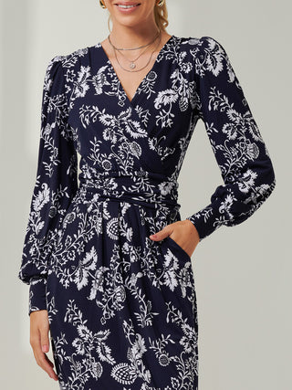 Long Sleeve Jersey Pegged Dress, Navy Floral