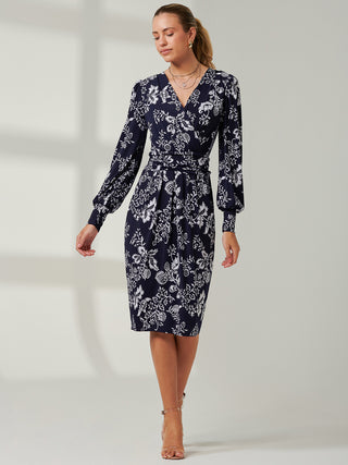 Long Sleeve Jersey Pegged Dress, Navy Floral