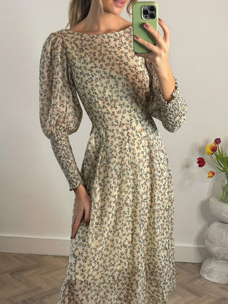 Chiffon Maxi Dress with Shirred Cuffs, Beige Floral