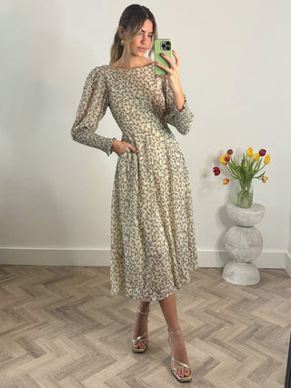 Chiffon Maxi Dress with Shirred Cuffs, Beige Floral