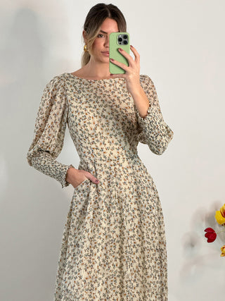 Chiffon Maxi Dress with Shirred Cuffs, Beige Floral