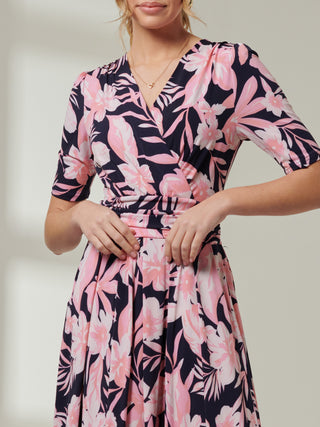 Short Sleeve  Wrap Over Maxi Dress, Navy Orange Floral