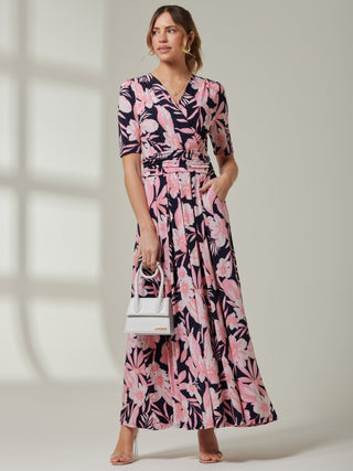 Short Sleeve  Wrap Over Maxi Dress, Navy Orange Floral