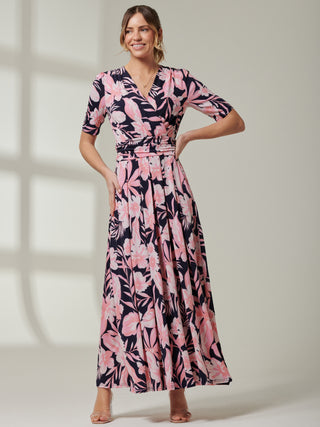 Short Sleeve  Wrap Over Maxi Dress, Navy Orange Floral