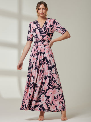 Short Sleeve  Wrap Over Maxi Dress, Navy Orange Floral