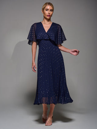 Chiffon Metalic Pleated Midaxi Dress, Navy