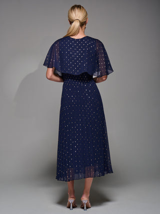 Chiffon Metalic Pleated Midaxi Dress, Navy