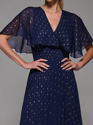 Chiffon Metalic Pleated Midaxi Dress, Navy