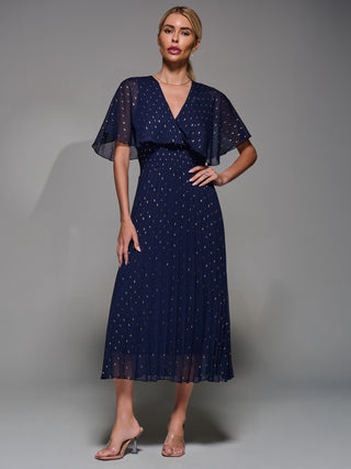Chiffon Metalic Pleated Midaxi Dress, Navy