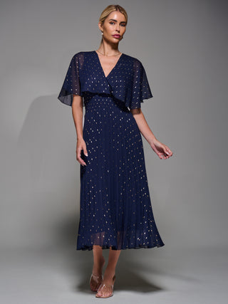 Chiffon Metalic Pleated Midaxi Dress, Navy