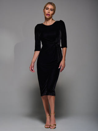 Side Tie Velvet Bodycon Dress, Black