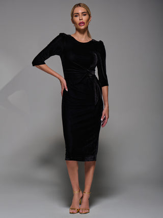 Side Tie Velvet Bodycon Dress, Black