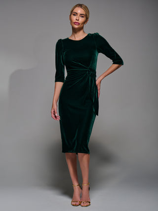 Side Tie Velvet Bodycon Dress, Dark Green