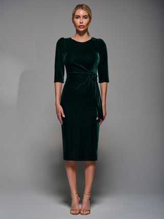 Side Tie Velvet Bodycon Dress, Dark Green