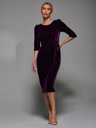 Side Tie Velvet Bodycon Dress, Dark Purple