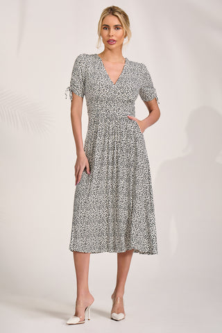 Jersey Tie Sleeve Midi Dress, White Polka