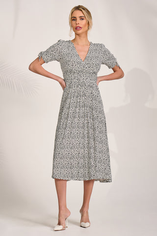 Jersey Tie Sleeve Midi Dress, White Polka