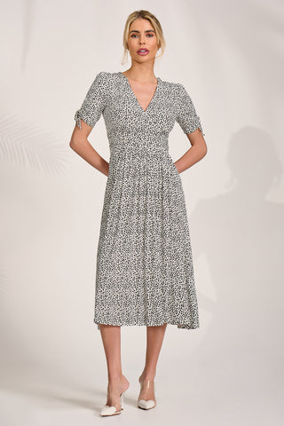 Jersey Tie Sleeve Midi Dress, White Polka