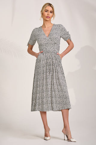 Jersey Tie Sleeve Midi Dress, White Polka