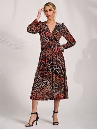 Ruffle Sleeve Mesh Midaxi Dress, Animal Multi