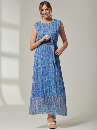 Hollyn Pleated Chiffon Maxi Dress, Blue Abstract