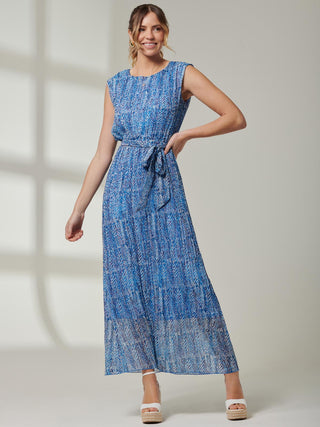 Hollyn Pleated Chiffon Maxi Dress, Blue Abstract