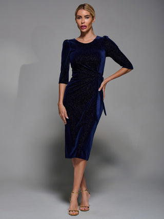 Velvet Glitter Bodycon Midi Dress Navy