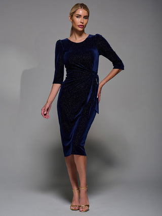 Velvet Glitter Bodycon Midi Dress Navy