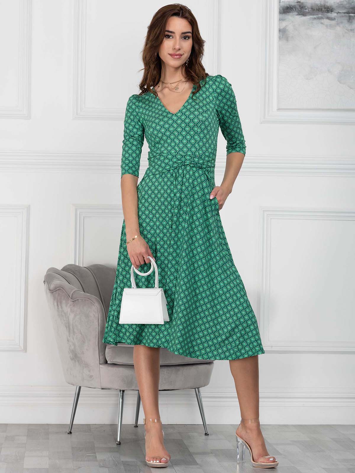 Jolie Moi Delylah V Neck Midi Dress Green Geo