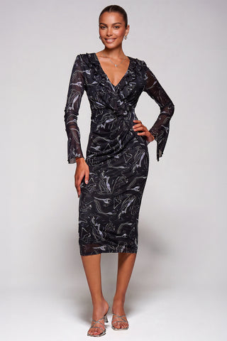 V-Neckline Mesh Bodycon Midaxi Dress, Black Abstract